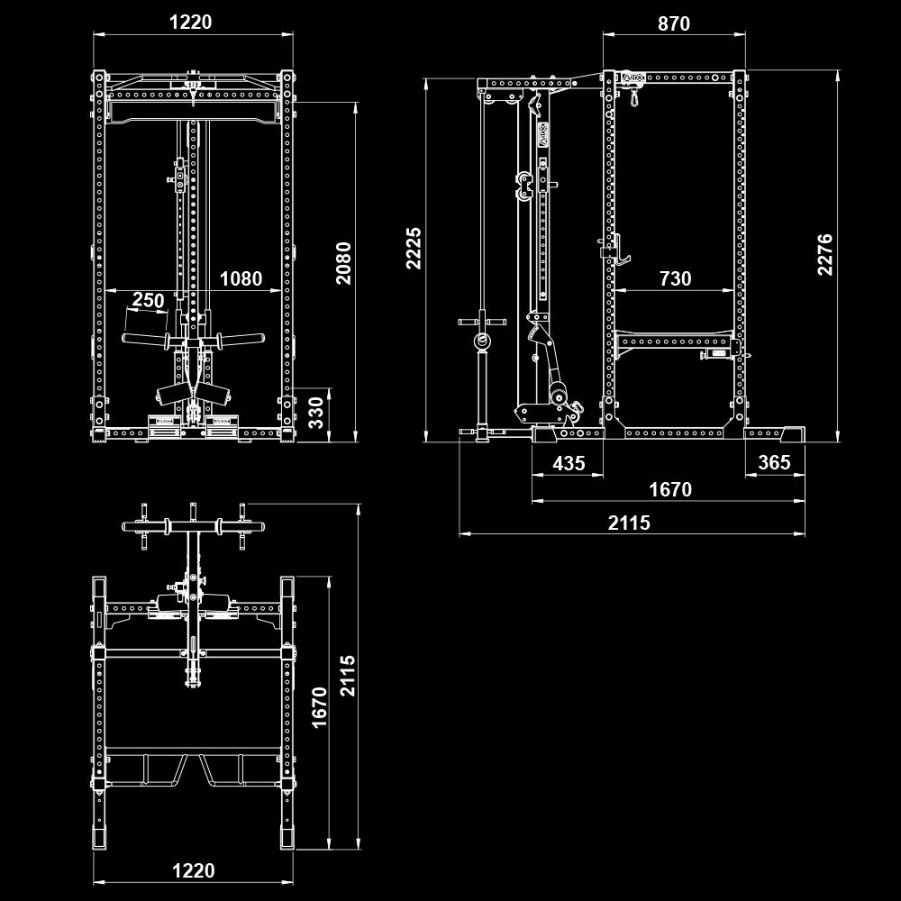 Maße ATX® Power Rack PRX-780 mit Latzug - Hantelscheibenaufnahme
